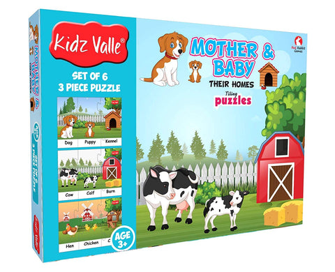 Kidz Valle Baby and Mother Their Homes Early Start Jigsaw Puzzles - Set of 6, 3 Piece es,Puzzles for Kids Age 3 Years and Above. Size: 18.4 cm x 13.3 cm