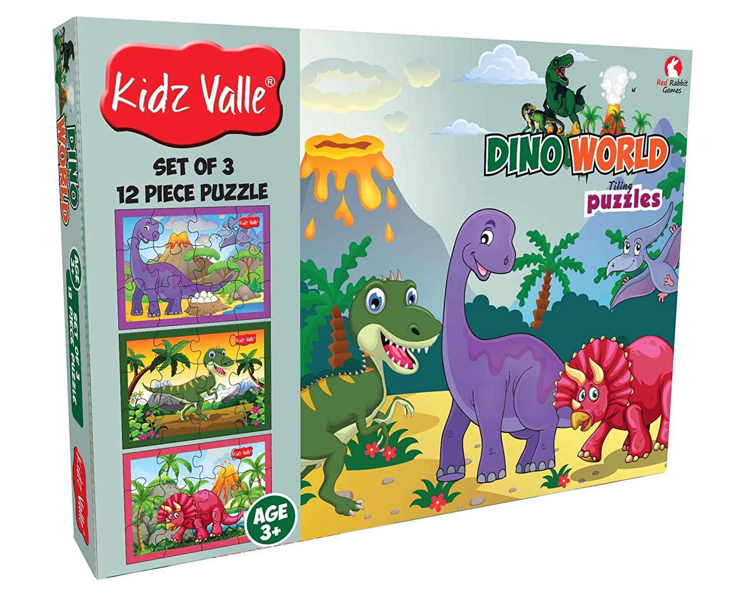 Kidz Valle Dino World Jigsaw Puzzle, Early Start Puzzles - Set of 3, 12 Piece Puzzles for Age 3 Years and Above, Size: 18.4 cm x 13.3 cm