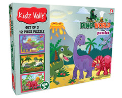 Kidz Valle Dino World Jigsaw Puzzle, Early Start Puzzles - Set of 3, 12 Piece Puzzles for Age 3 Years and Above, Size: 18.4 cm x 13.3 cm