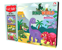 Kidz Valle Dino World Jigsaw Puzzle, Early Start Puzzles - Set of 3, 12 Piece Puzzles for Age 3 Years and Above, Size: 18.4 cm x 13.3 cm
